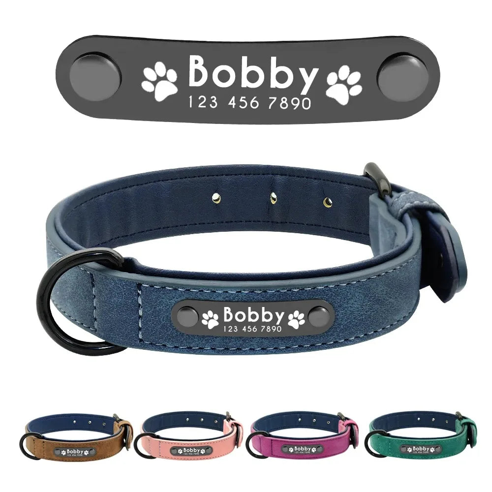 Personalized Leather Dog Collar — Custom Name & ID Tag for Dogs