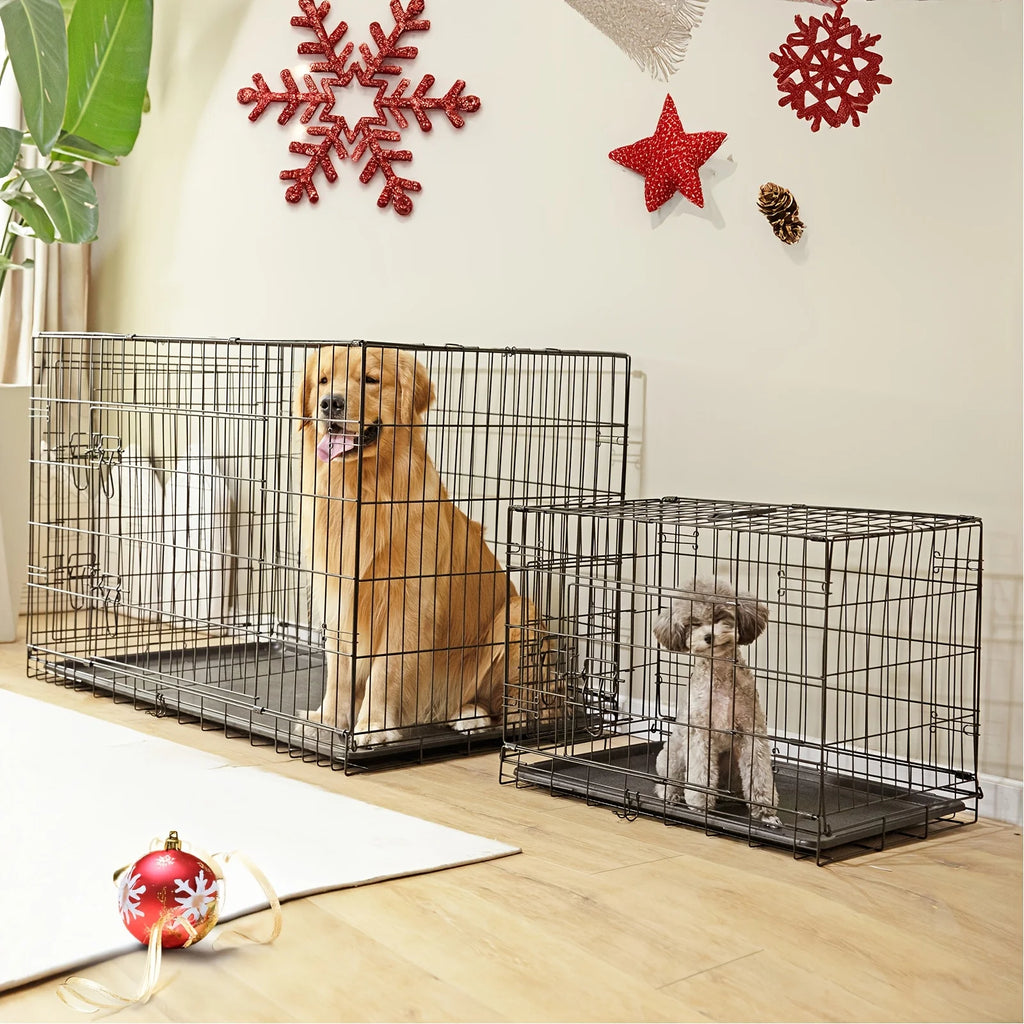 Dog Crate with Divider Panel Double Door, Folding Metal Wire Dog Cage with Plastic Leak-Proof Pan Tray, Pet Kennel for Indoor