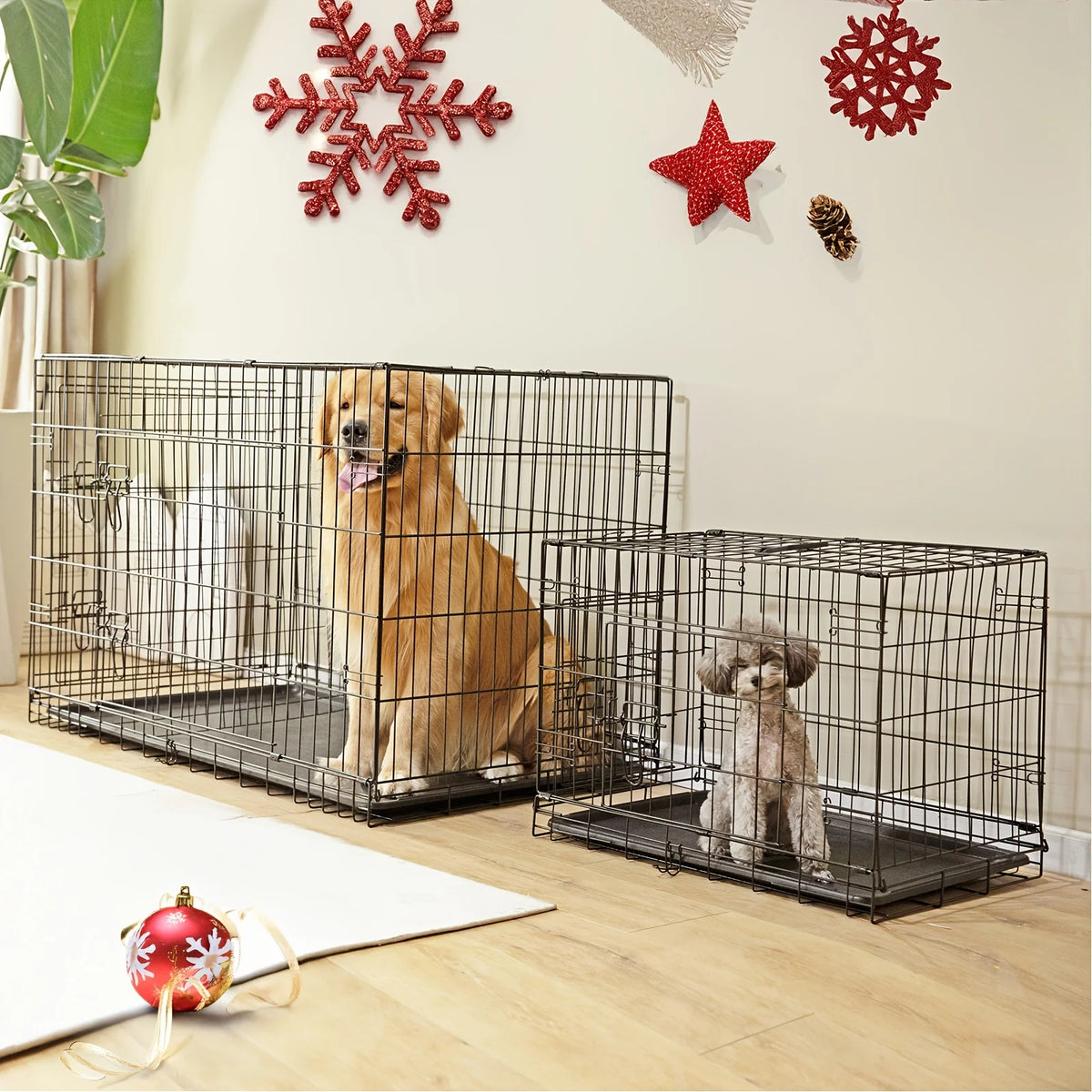 Dog Crate with Divider Panel Double Door, Folding Metal Wire Dog Cage with Plastic Leak-Proof Pan Tray, Pet Kennel for Indoor