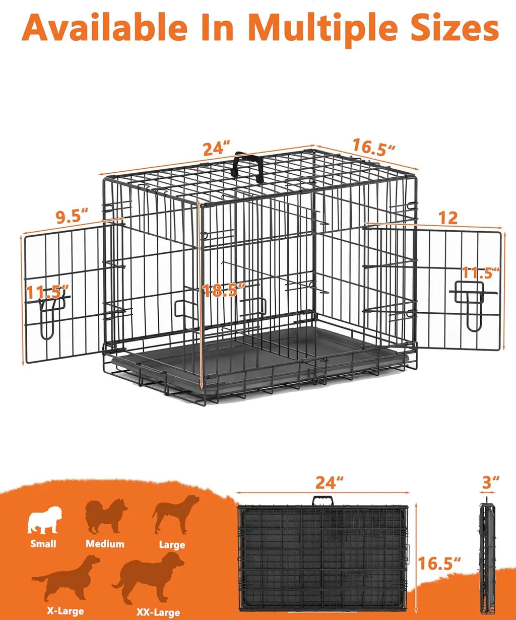Small Dog Crate 24 Inch — Double Door Folding Wire Kennel with Divider & Leak-Proof Tray