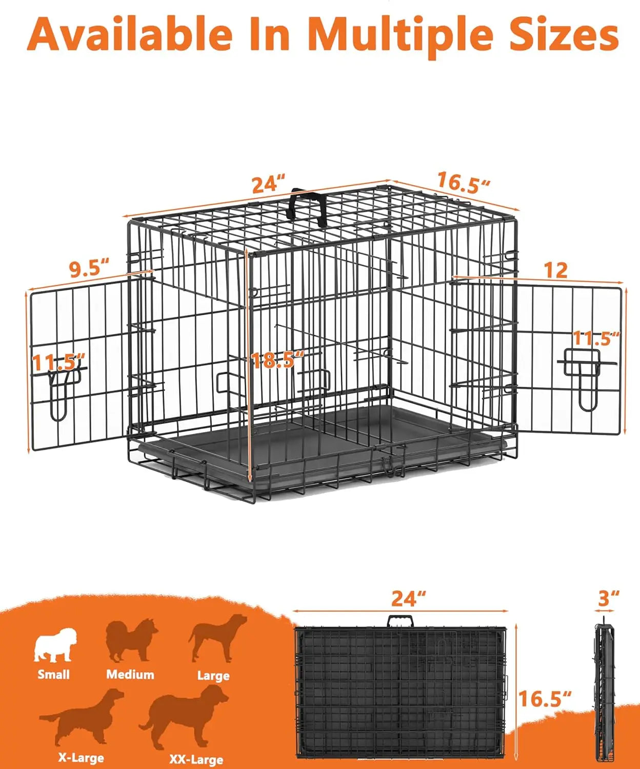 Small Dog Crate 24 Inch — Double Door Folding Wire Kennel with Divider & Leak-Proof Tray