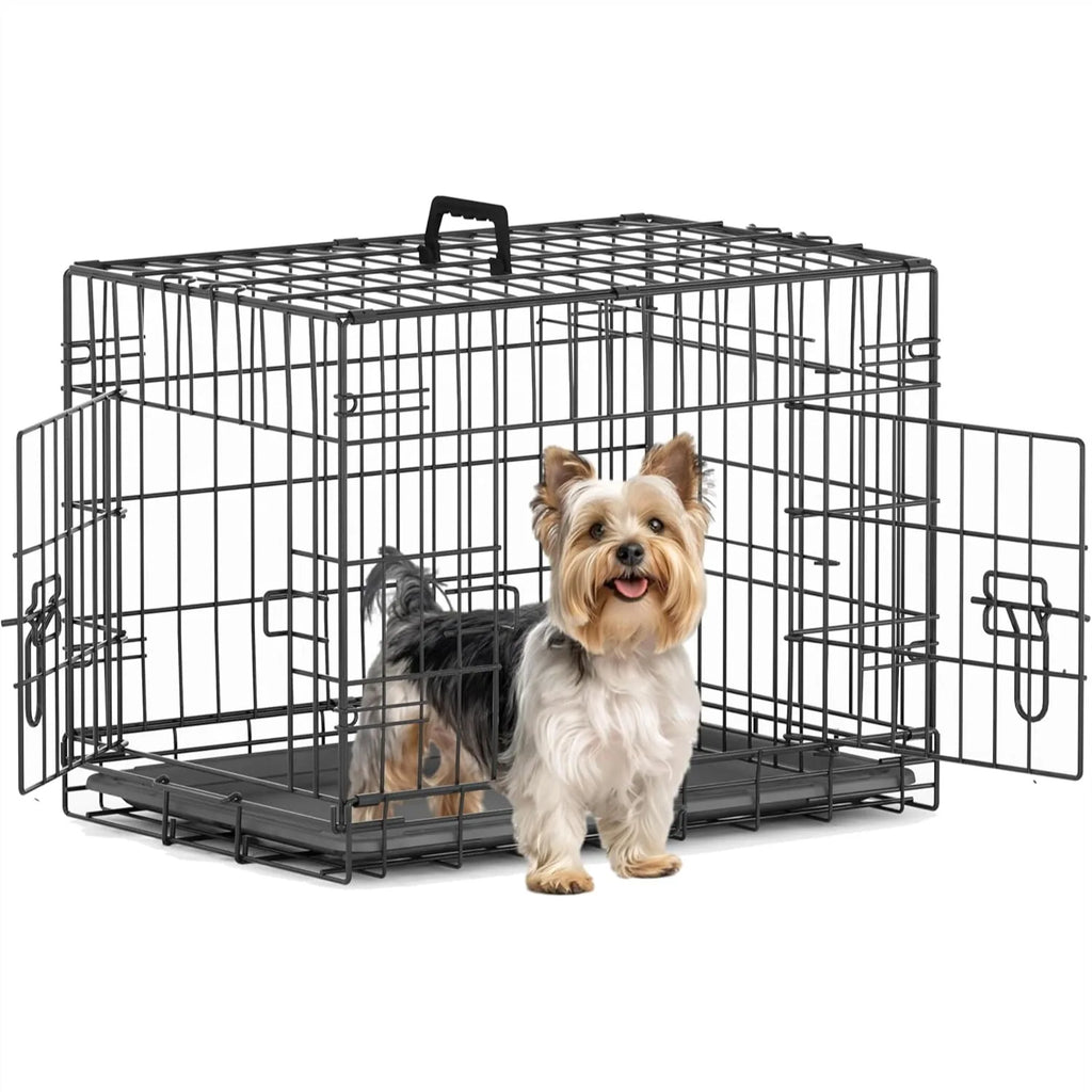 Small Dog Crate 24 Inch — Double Door Folding Wire Kennel with Divider & Leak-Proof Tray