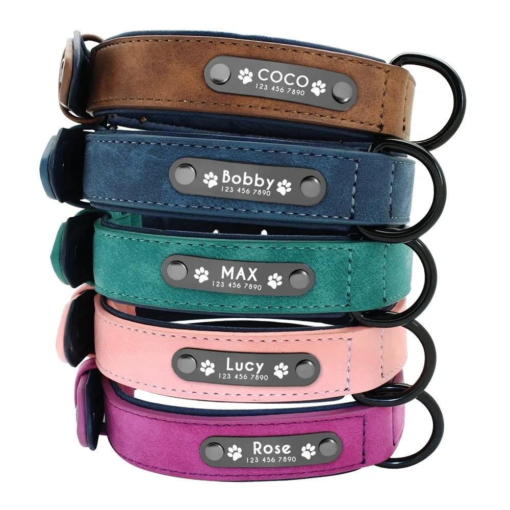 Personalized Leather Dog Collar — Custom Name & ID Tag for Dogs