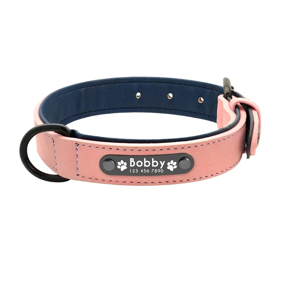 Personalized Leather Dog Collar — Custom Name & ID Tag for Dogs