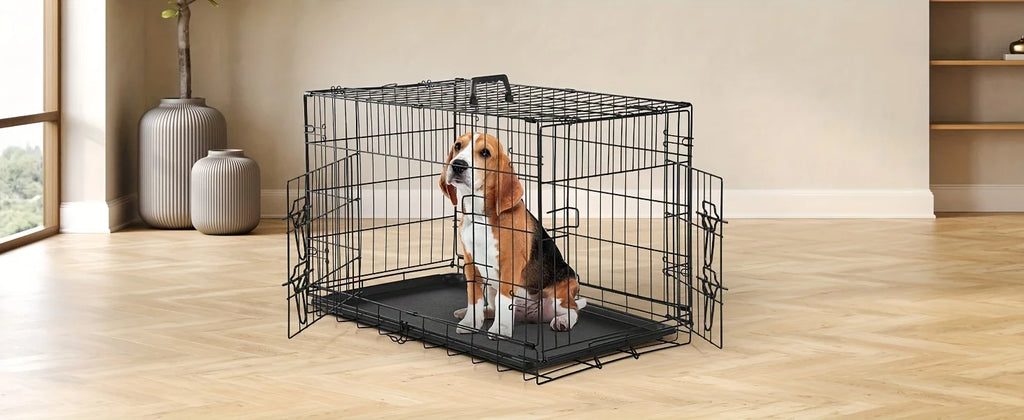 Dog Crate with Divider Panel Double Door, Folding Metal Wire Dog Cage with Plastic Leak-Proof Pan Tray, Pet Kennel for Indoor