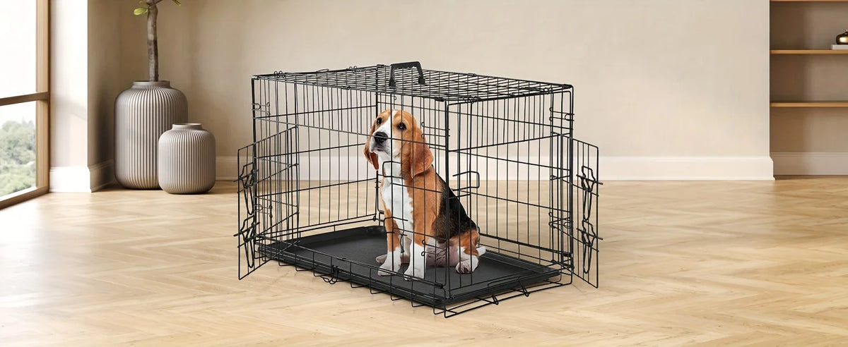 Dog Crate with Divider Panel Double Door, Folding Metal Wire Dog Cage with Plastic Leak-Proof Pan Tray, Pet Kennel for Indoor