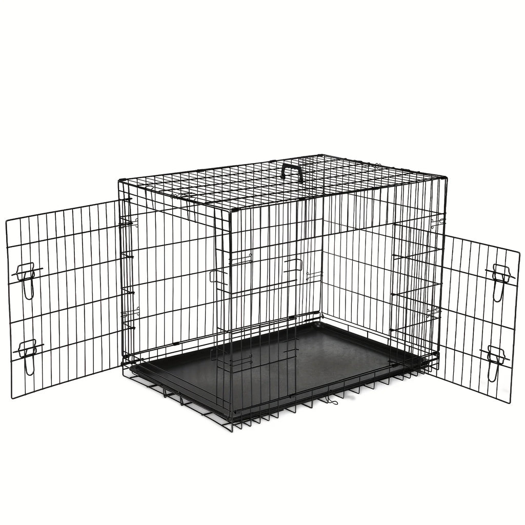 Dog Crate with Divider Panel Double Door, Folding Metal Wire Dog Cage with Plastic Leak-Proof Pan Tray, Pet Kennel for Indoor