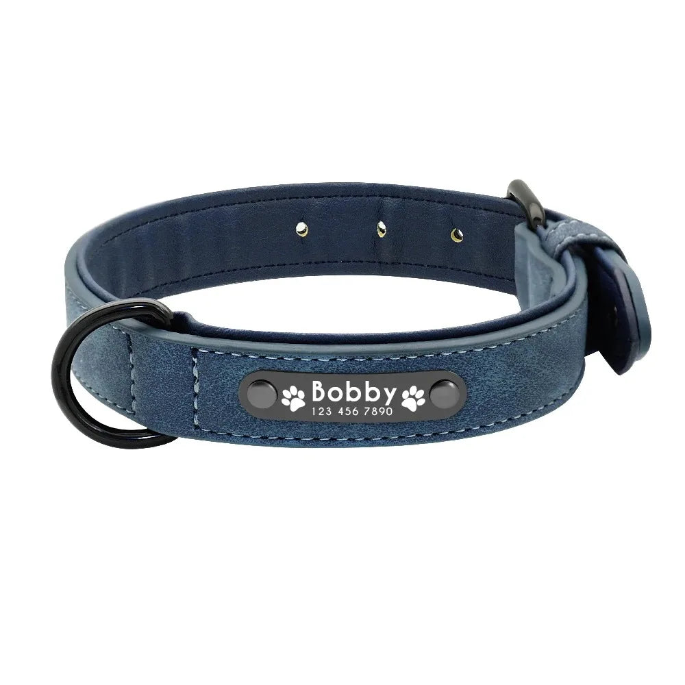 Personalized Leather Dog Collar — Custom Name & ID Tag for Dogs