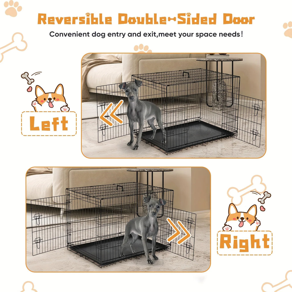 Dog Crate with Divider Panel Double Door, Folding Metal Wire Dog Cage with Plastic Leak-Proof Pan Tray, Pet Kennel for Indoor