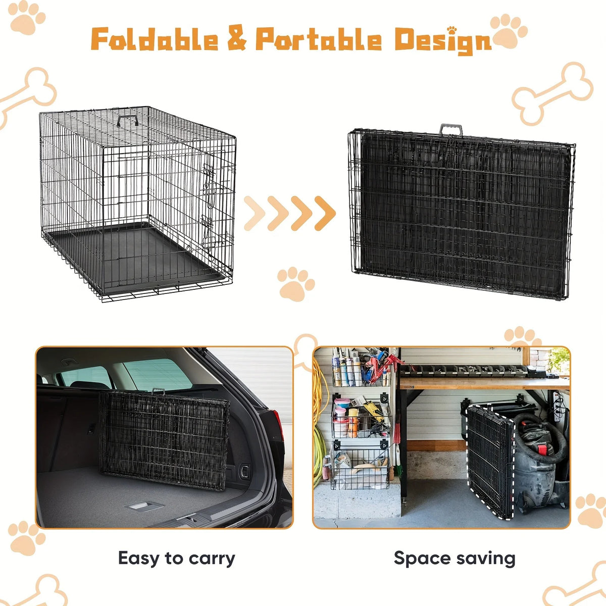 Dog Crate with Divider Panel Double Door, Folding Metal Wire Dog Cage with Plastic Leak-Proof Pan Tray, Pet Kennel for Indoor