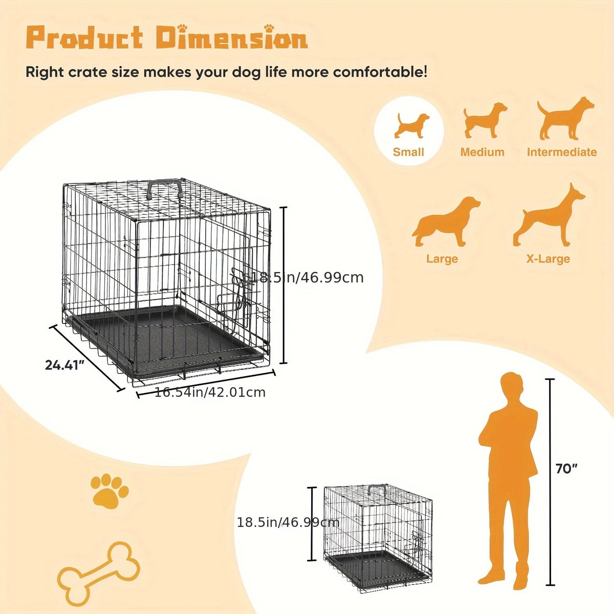 Dog Crate with Divider Panel Double Door, Folding Metal Wire Dog Cage with Plastic Leak-Proof Pan Tray, Pet Kennel for Indoor