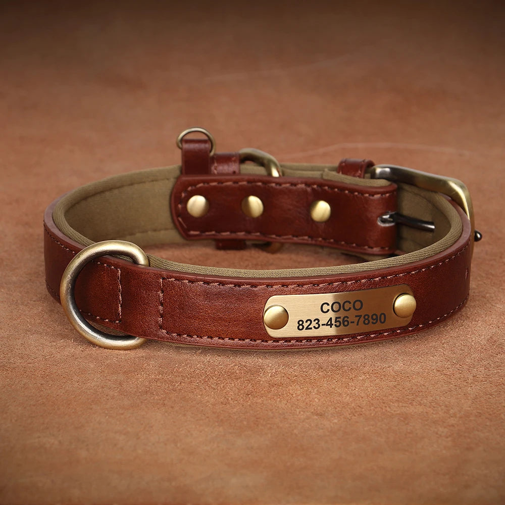 Personalized PU Leather Dog Collar — Free Engraved Name Plate