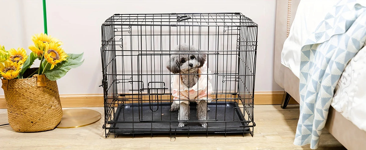 Dog Crate with Divider Panel Double Door, Folding Metal Wire Dog Cage with Plastic Leak-Proof Pan Tray, Pet Kennel for Indoor