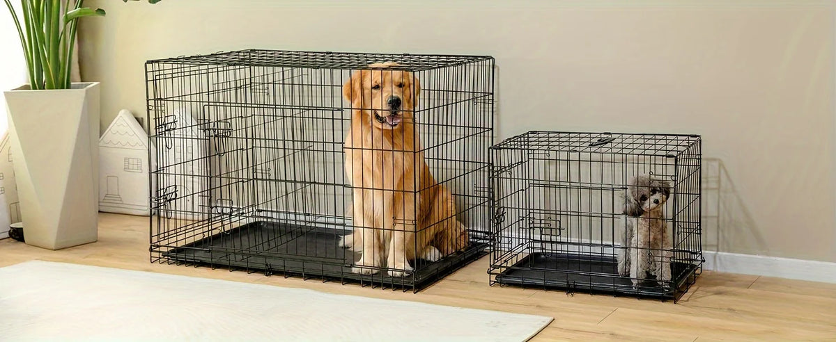 Dog Crate with Divider Panel Double Door, Folding Metal Wire Dog Cage with Plastic Leak-Proof Pan Tray, Pet Kennel for Indoor