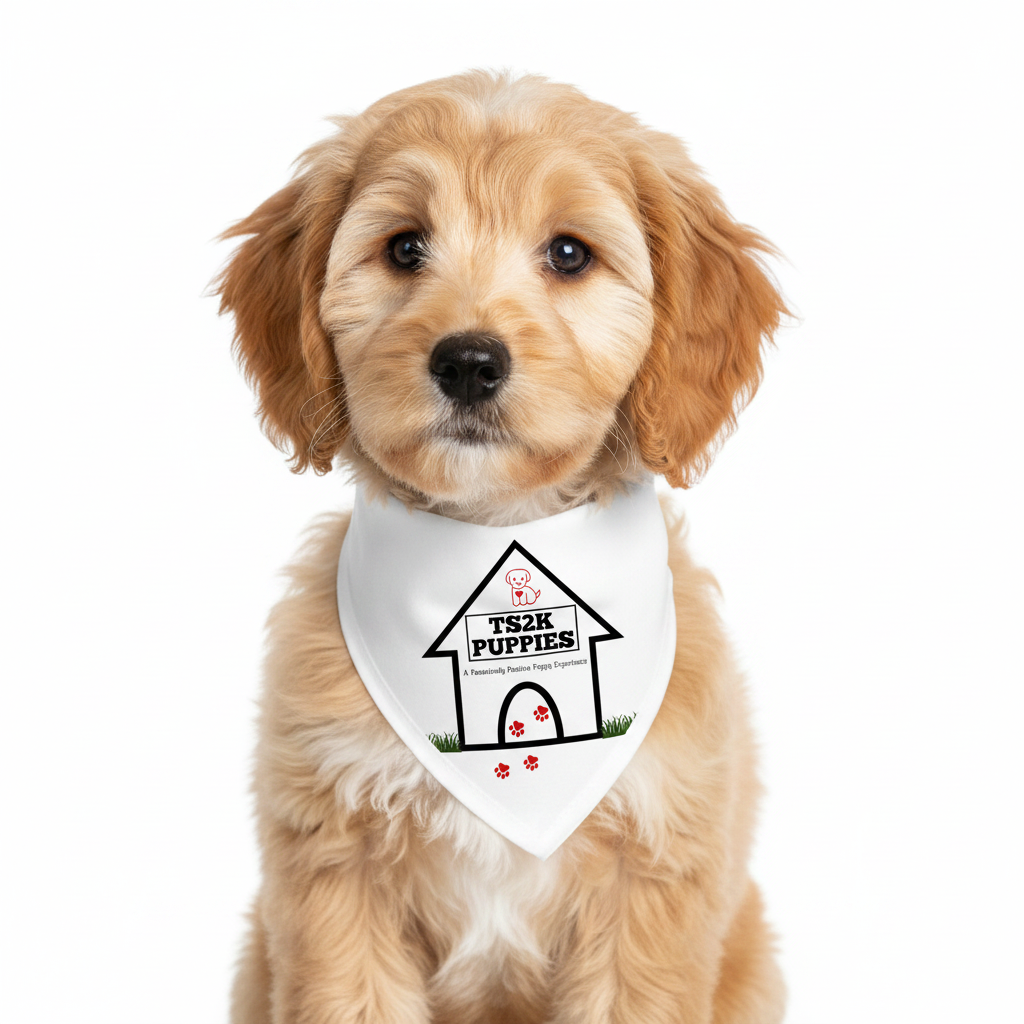 Cavapoo wearing TS2K Puppies branded bandana with full dog house logo