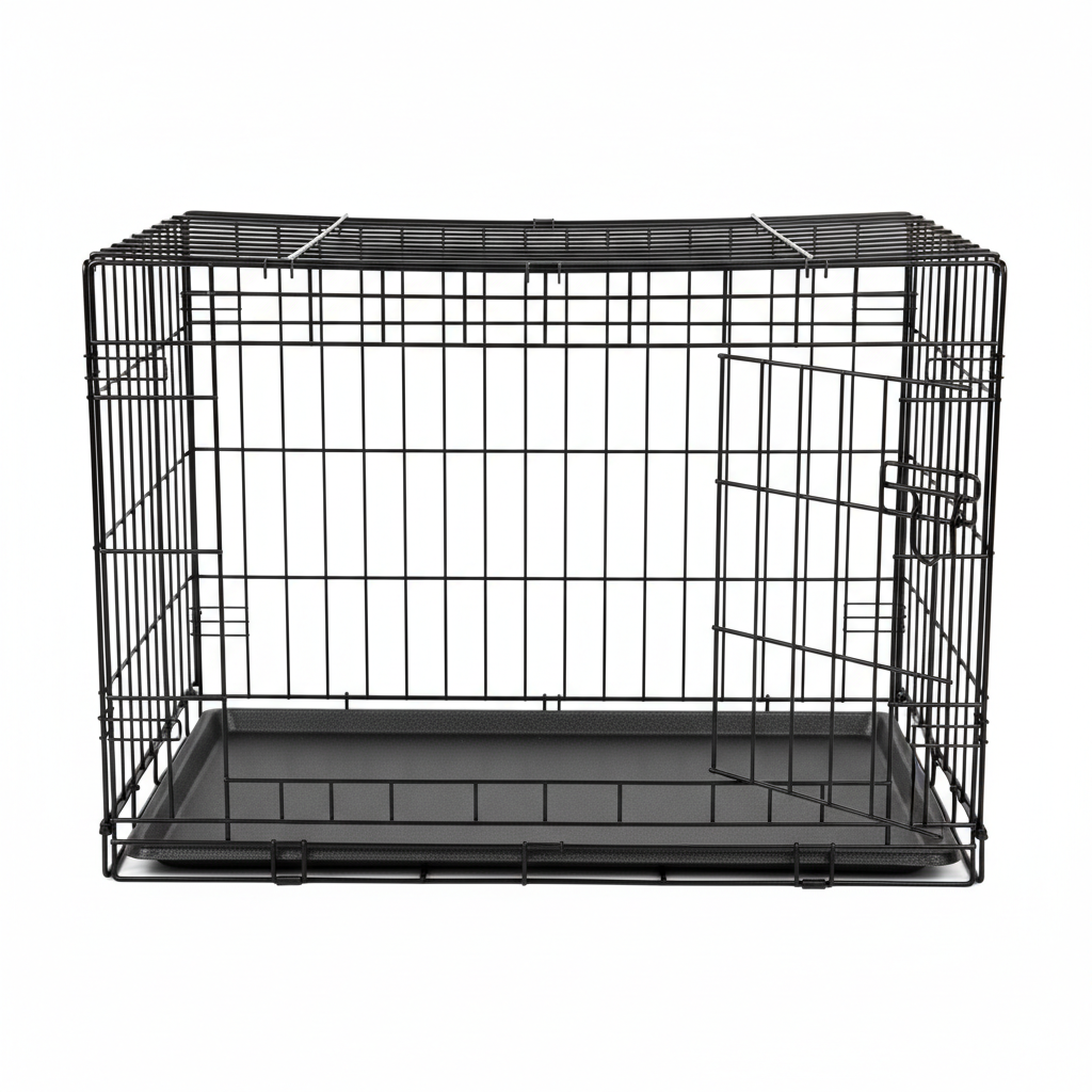 24 inch double door wire dog crate side angle with tray visible