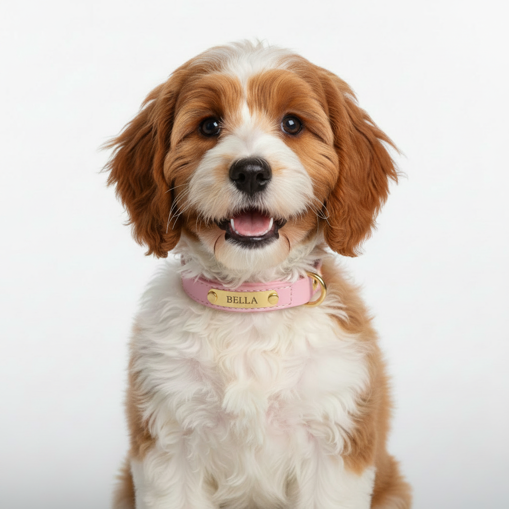 Blenheim Cavapoo Bella wearing pink PU leather engraved collar