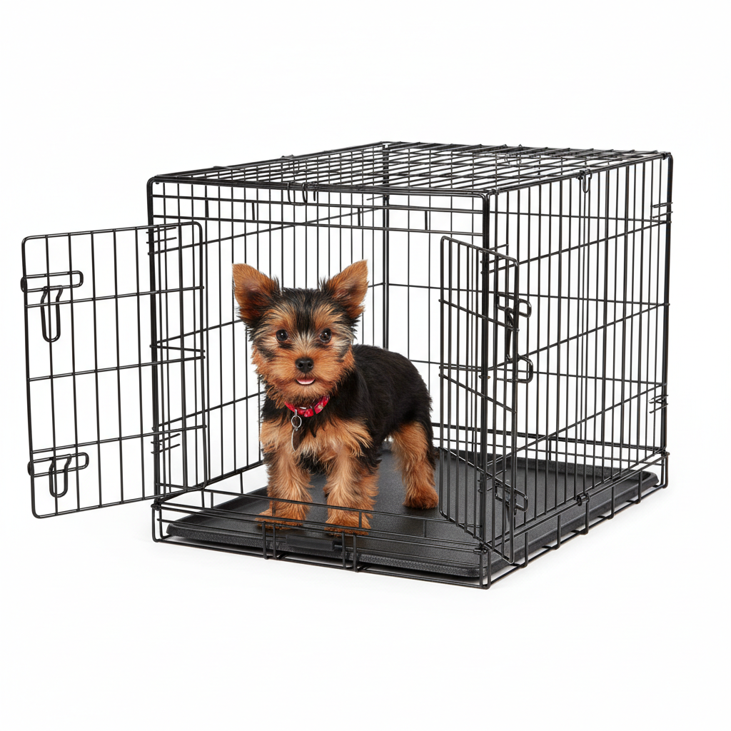 24 inch double door wire dog crate with Yorkie puppy