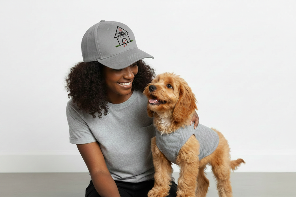 Black woman with caramel skin tone wearing TS2K Puppies storm grey snapback with matching cavapoo