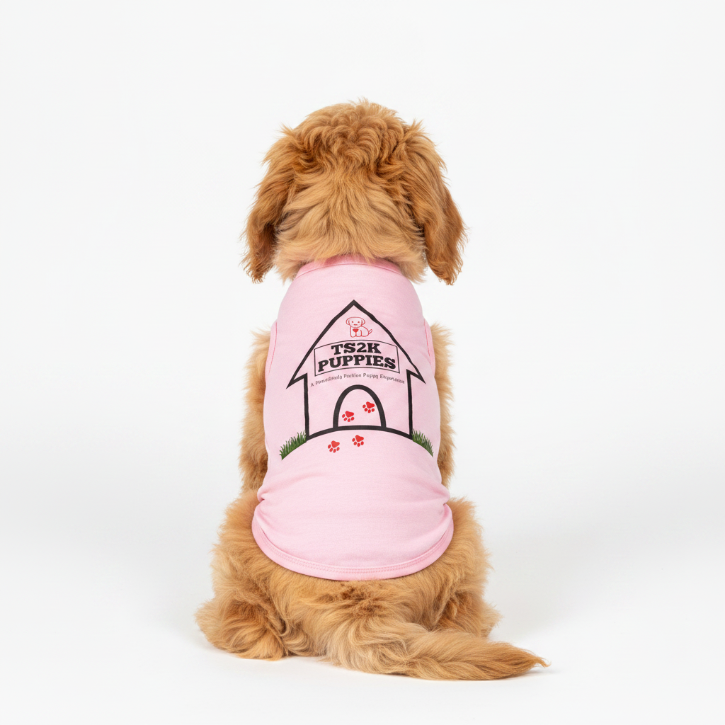 Cavapoo wearing pink TS2K Puppies wordmark dog tank top showing logo on back