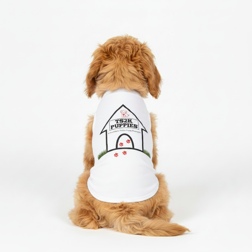 Cavapoo wearing white TS2K Puppies wordmark dog tank top showing logo on back