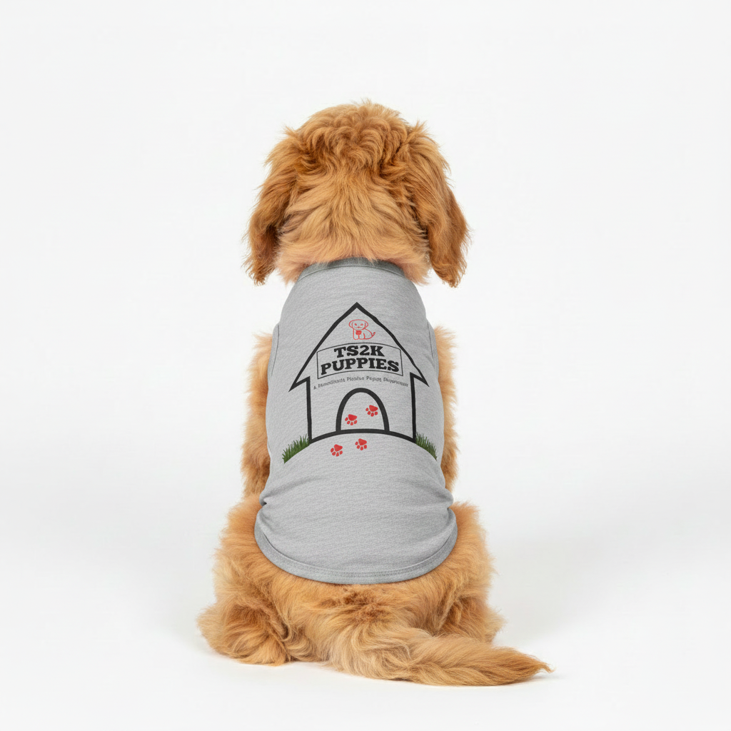 Cavapoo wearing heather grey TS2K Puppies wordmark dog tank top showing logo on back
