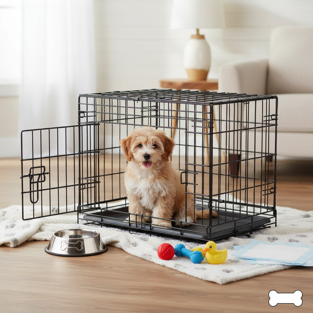 TS2K Puppies Essentials Starter Kit — puppy in wire crate with kit items in cozy home setting
