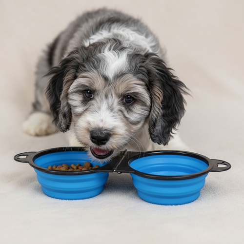 Merle Cavapoo with Blue Double Bowl